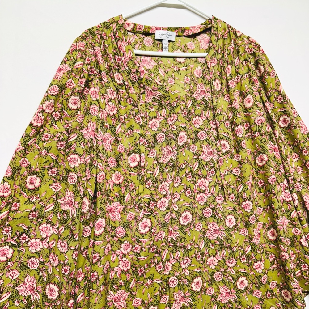 Jessica Simpson Kimono Sleeves Green Pink Chintz‎ Print Pleated Swing Top Medium - Picture 2 of 7